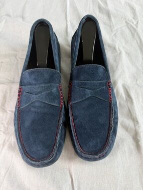 Donald J. Pliner Navy Suede Loafers with Red Stitching